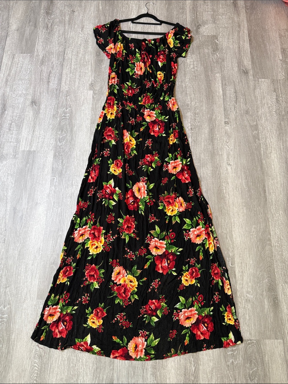 Black Floral Maxi Dress with Red & Yellow Blooms